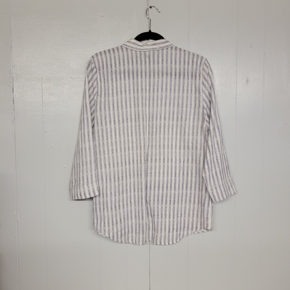 Hester & Orchard Size Large Linen Blend Shirt Button Cream/‎ Purple Striped - Picture 2 of 4